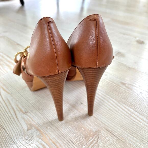 Love Moschino Leather Peep Toe Stacked‎ Heel Mary Jane Pumps | Brown 39 - Picture 8 of 11